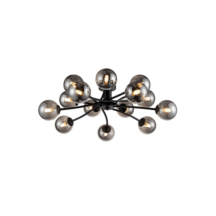 Franklite Prophecy Matt Black Extra Large 14 Light Flush Ceiling Light Complete With Round Smoke Glass Shades