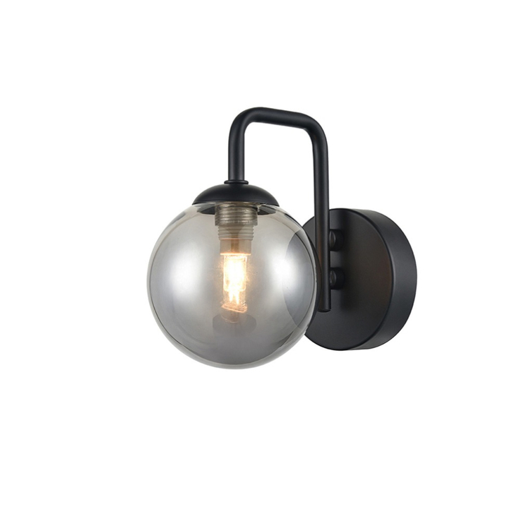 Franklite Prophecy Matt Black Single Wall Light Complete With Round Smoke Glass Shade