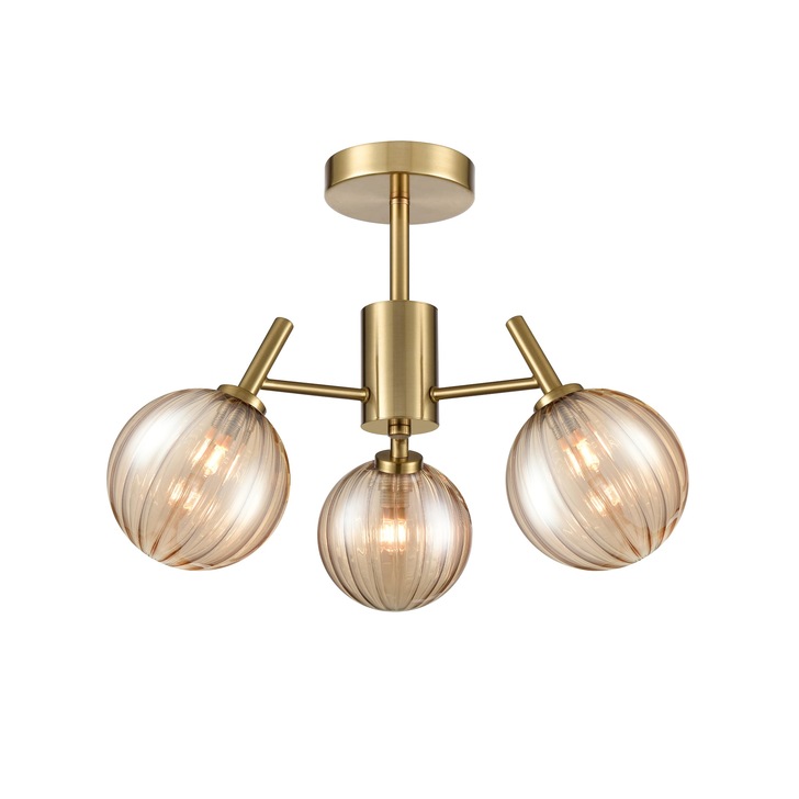 Franklite Quasar 3 Light Semi-Flush Ceiling Light In Aged Brass With Amber Ribbed Glass Globes