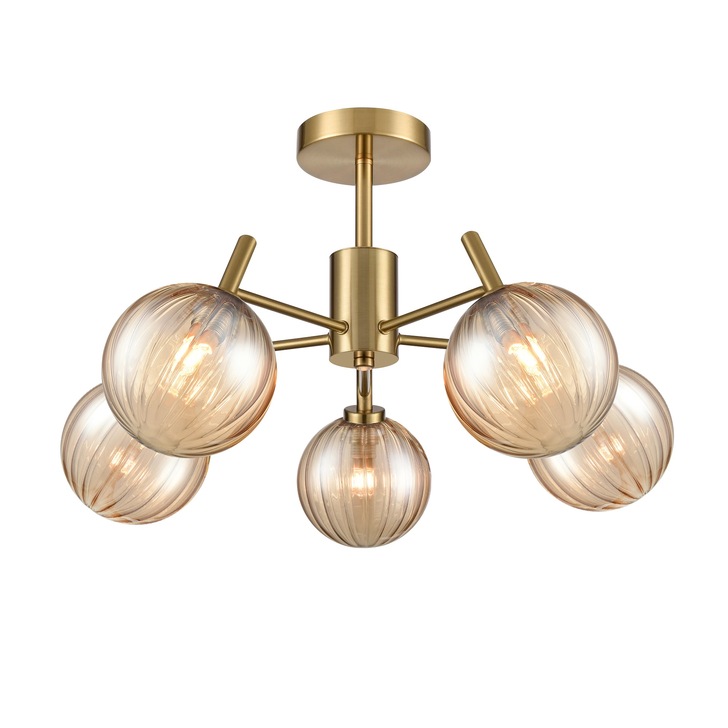 Franklite Quasar 5 Light Semi-Flush Ceiling Light In Aged Brass With Amber Ribbed Glass Globes