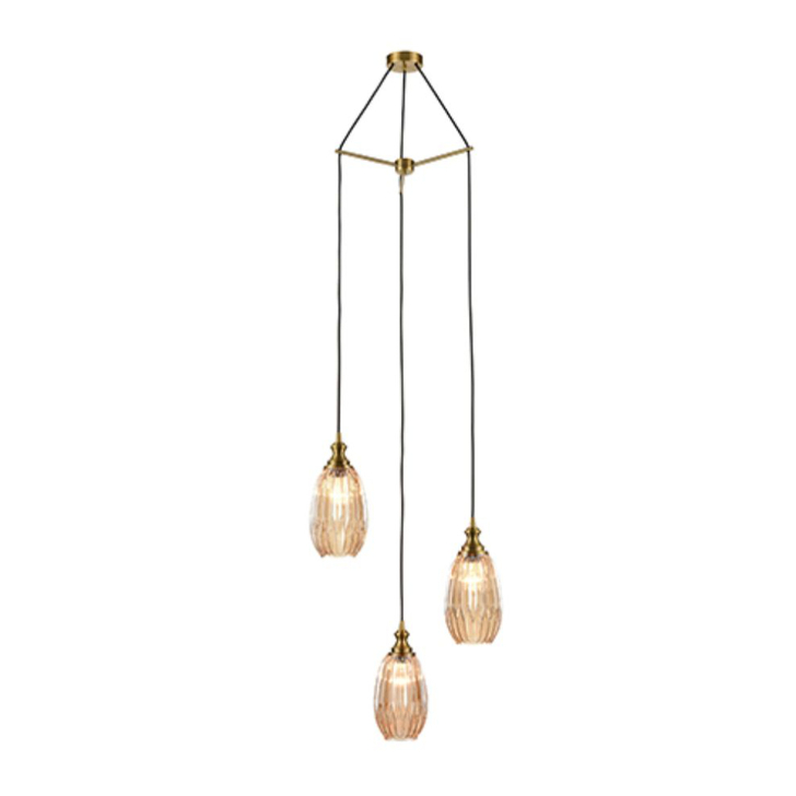 Franklite Refract Aged Brass 3 Light Cluster Pendant Light Complete With Amber Glass Shades