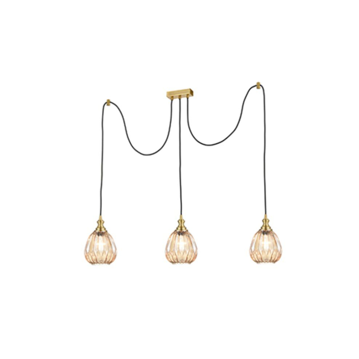 Franklite Refract Aged Brass Finish 3 Light Kitchen Island Adjustable Spreader With Short Amber Ribbed Glasses And Ceiling Hooks