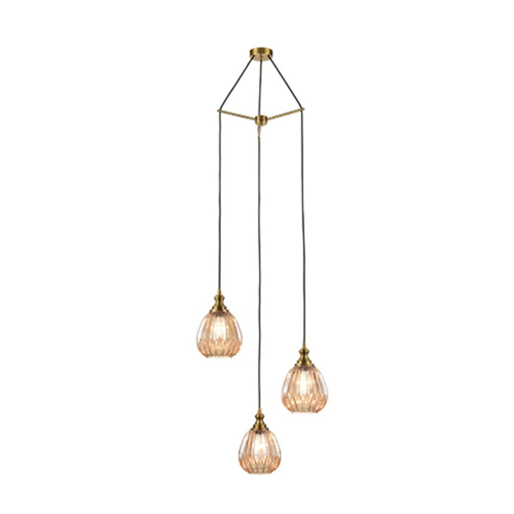 Franklite Refract Aged Brass Finish 3 Light Pendant Suspension Spreader Complete With Short Amber Ribbed Glasses