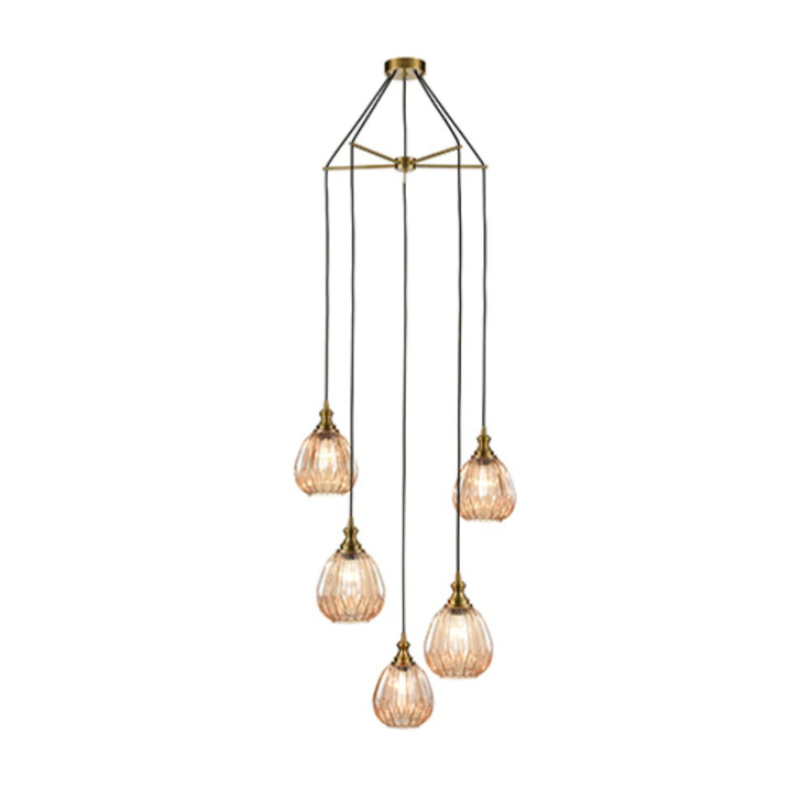Franklite Refract Aged Brass Finish 5 Light Pendant Suspension Spreader Complete With Short Amber Ribbed Glasses