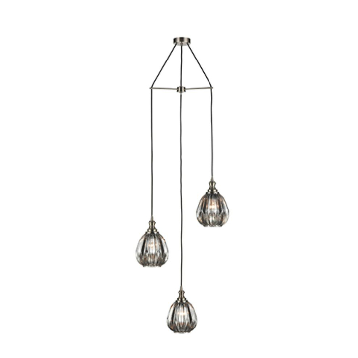 Franklite Refract Satin Nickel 3 Light Cluster Pendant Light Complete With Smoked Glass Shades