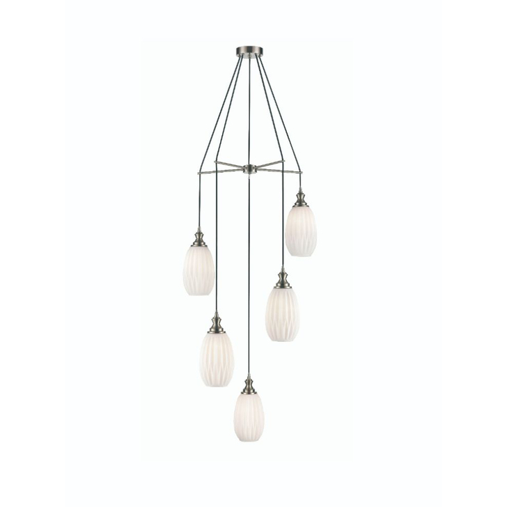 Franklite Refract Satin Nickel 5 Light Cluster Pendant Light Complete With Opal Glass Shades