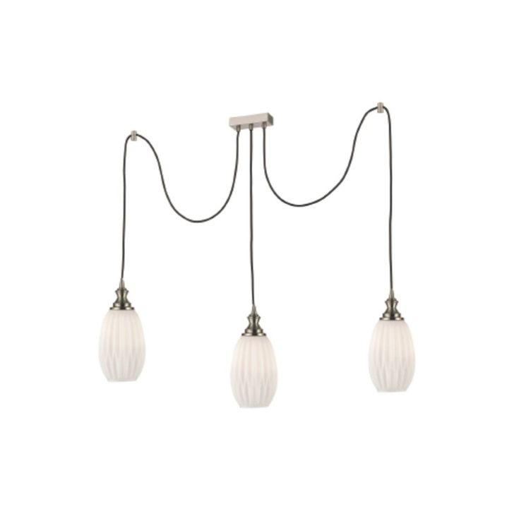 Franklite Refract Satin Nickel Finish 3 Light Kitchen Island Adjustable Spreader With Long Opal Ribbed Glasses And Ceiling Hooks