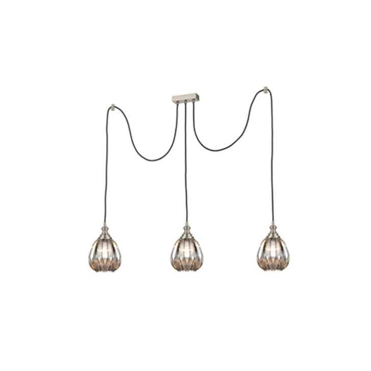 Franklite Refract Satin Nickel Finish 3 Light Kitchen Island Adjustable Spreader With Short Smoked Ribbed Glasses And Ceiling Hooks