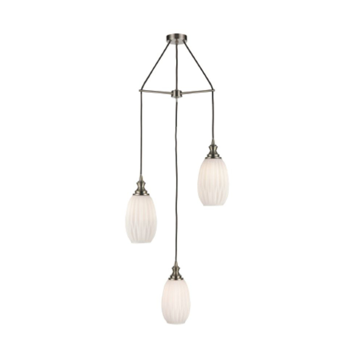 Franklite Refract Satin Nickel Finish 3 Light Pendant Suspension Spreader Complete With Long Frosted Ribbed Glasses