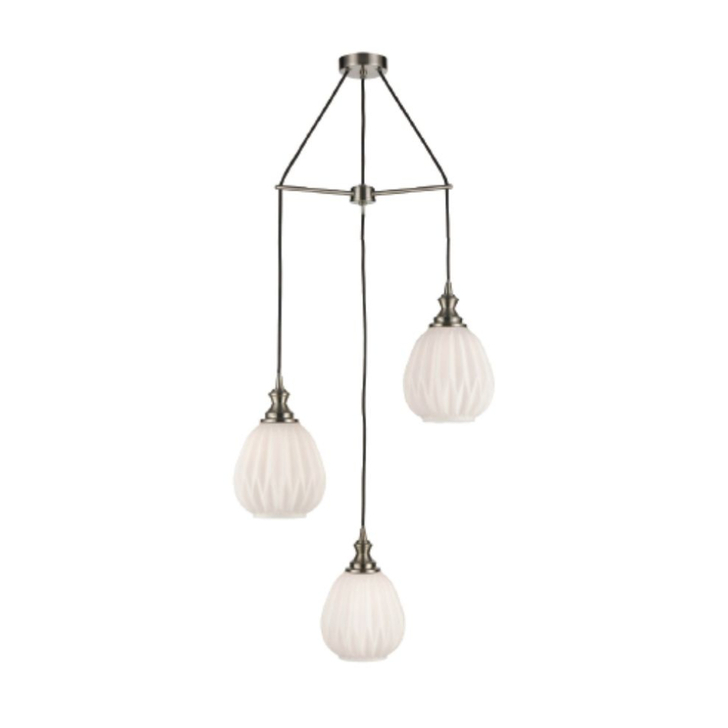 Franklite Refract Satin Nickel Finish 3 Light Pendant Suspension Spreader Complete With Short Frosted Ribbed Glasses