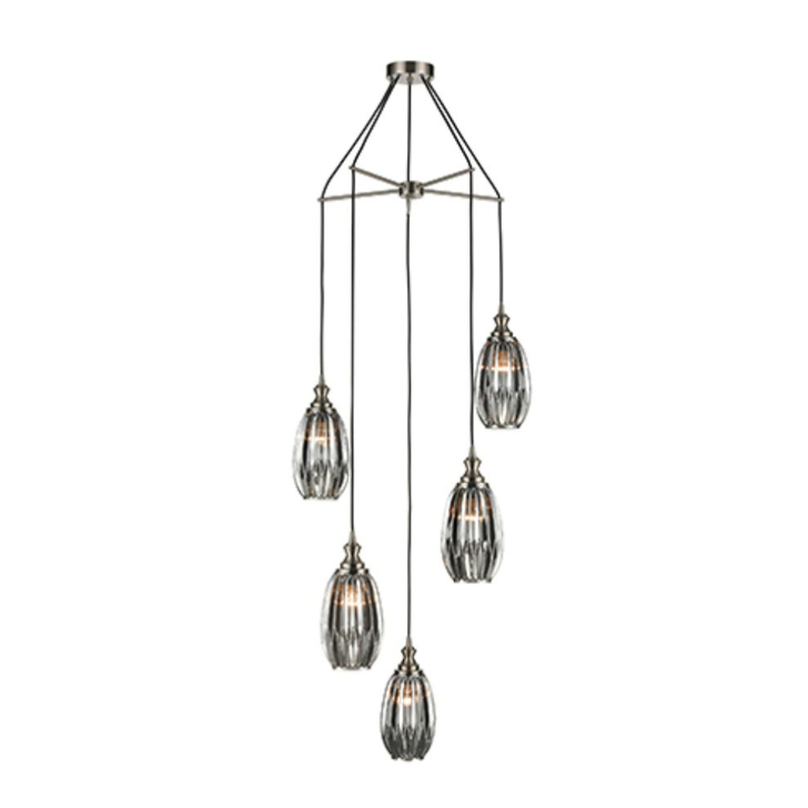 Franklite Refract Satin Nickel Finish 5 Light Pendant Suspension Spreader Complete With Long Smoked Ribbed Glasses