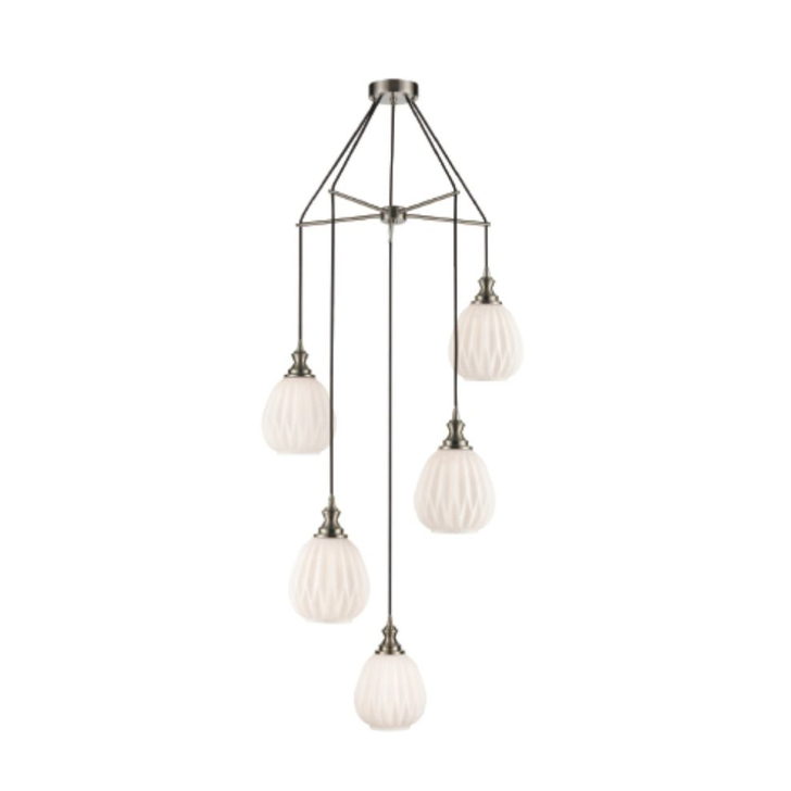 Franklite Refract Satin Nickel Finish 5 Light Pendant Suspension Spreader Complete With Short Frosted Ribbed Glasses