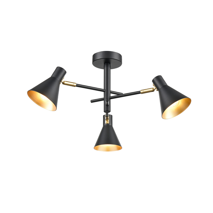 Franklite Scoop Matt Black Decorative 3 Light Semi-Flush Adjustable Spotlight Ceiling Light Complete With Gold Interiors