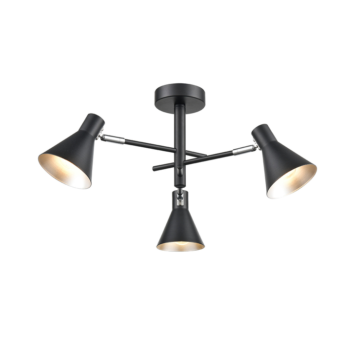 Franklite Scoop Matt Black Decorative 3 Light Semi-Flush Adjustable Spotlight Ceiling Light Complete With Silver Interiors