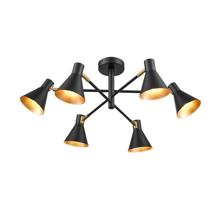 Franklite Scoop Matt Black Decorative 6 Light Semi-Flush Adjustable Spotlight Ceiling Light Complete With Gold Interiors