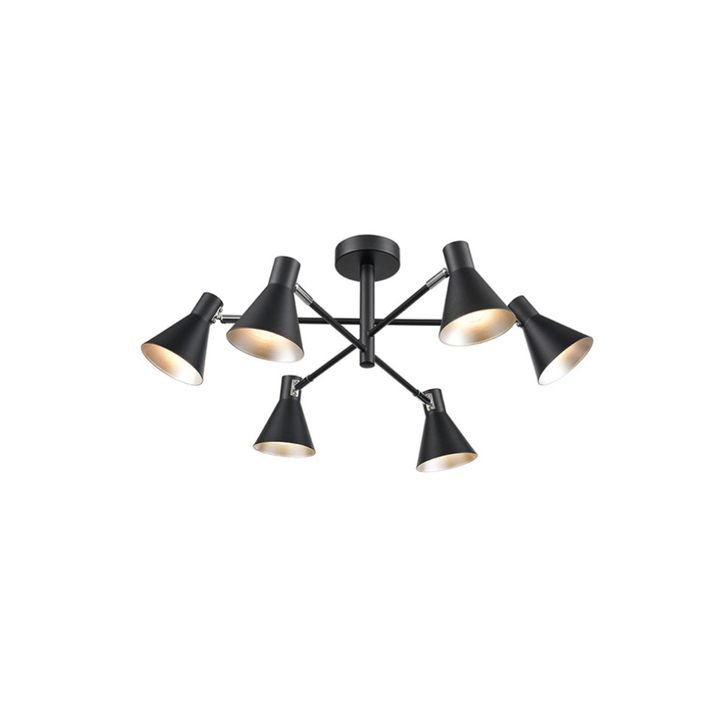 Franklite Scoop Matt Black Decorative 6 Light Semi-Flush Adjustable Spotlight Ceiling Light Complete With Silver Interiors