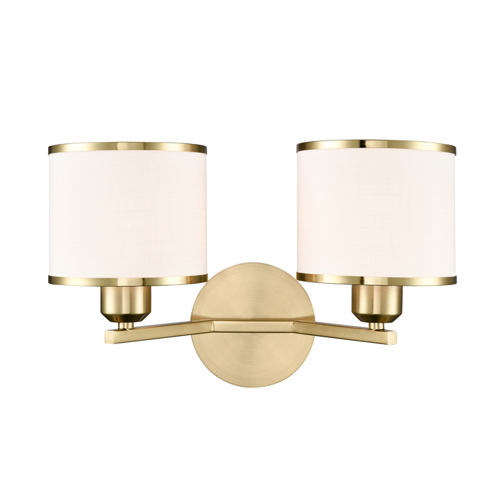 Franklite Sirius Aged Brass Double Wall Light Complete With Off-White Textured Fabric Shades And Aged Brass Trims