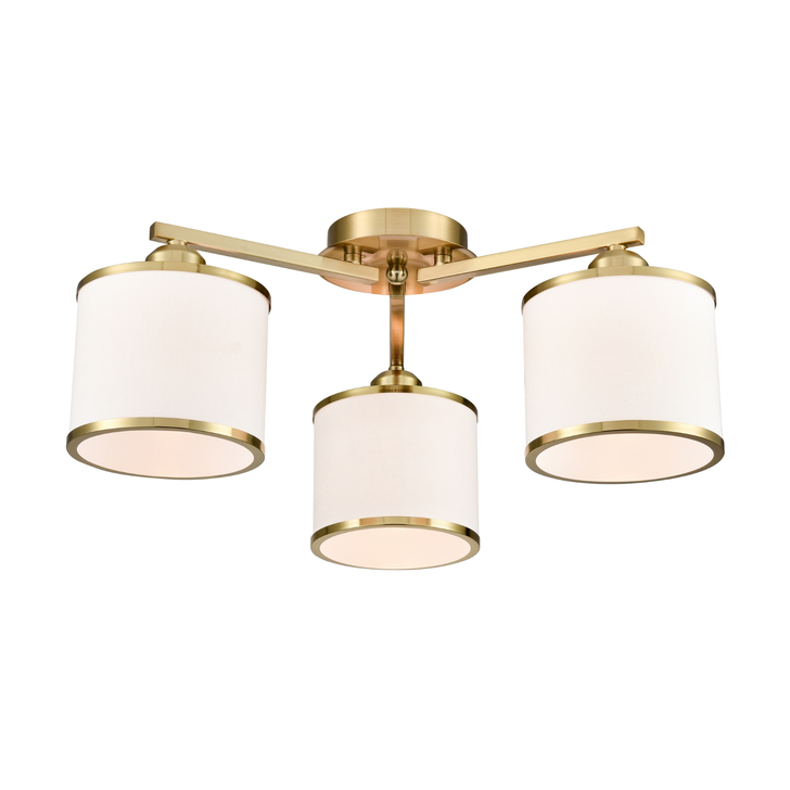 FRANKLITE SIRIUS AGED BRASS FLUSH 3 LIGHT CEILING LIGHT COMPLETE WITH OFF-WHITE TEXTURED FABRIC SHADES AND AGED BRASS TRIMS