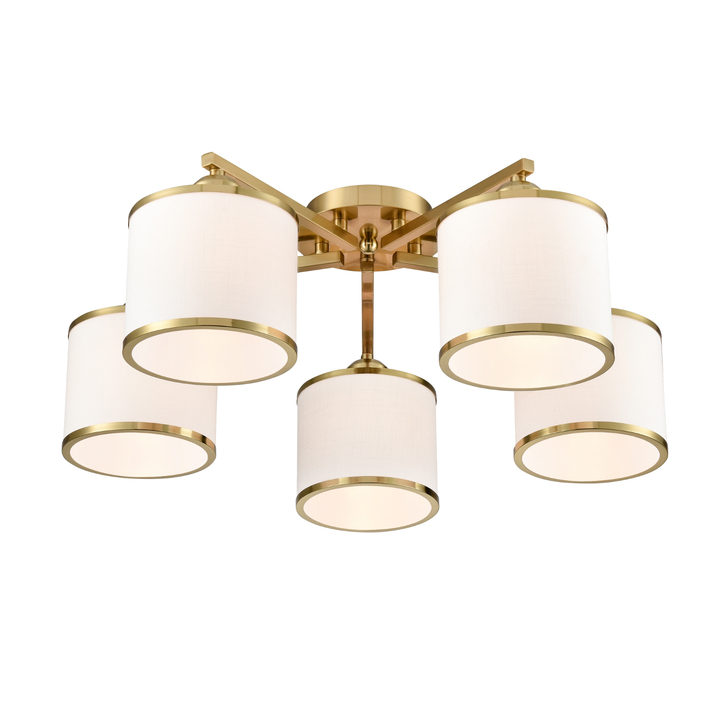 Franklite Sirius Aged Brass Flush 5 Light Ceiling Light Complete With Off-White Textured Fabric Shades And Aged Brass Trims