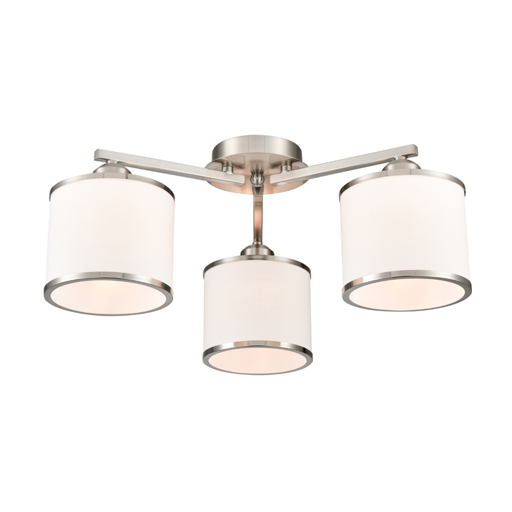 Franklite Sirius Satin Nickel Flush 3 Light Ceiling Light Complete With Off-White Textured Fabric Shades And Satin Nickel Trims