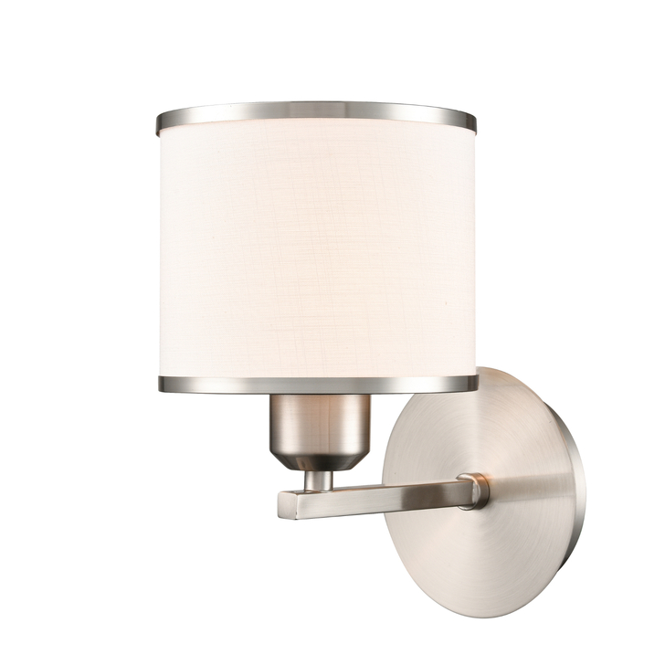 Franklite Sirius Satin Nickel Single Wall Light Complete With Off-White Textured Fabric Shade And Satin Nickel Trim