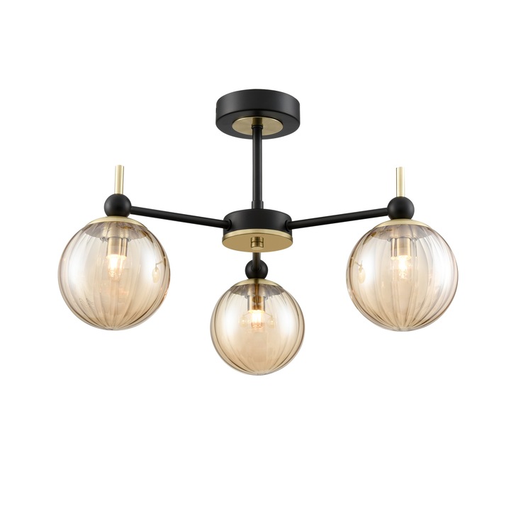 Franklite Solar 3 Light Semi-Flush Ceiling Light In Matt Black & Aged Brass With Amber Ribbed Glass Globes