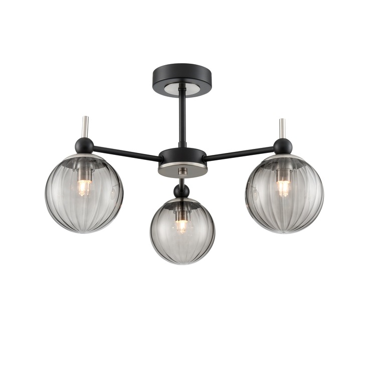 Franklite Solar 3 Light Semi-Flush Ceiling Light In Matt Black & Satin Nickel With Smoke Ribbed Glass Globes