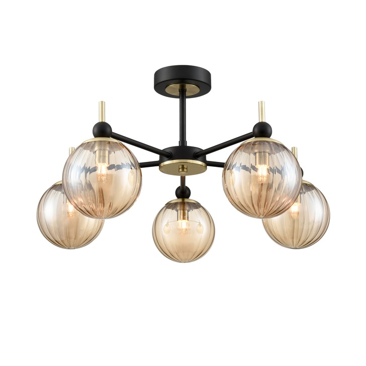 Franklite Solar 5 Light Semi-Flush Ceiling Light In Matt Black & Aged Brass With Amber Ribbed Glass Globes