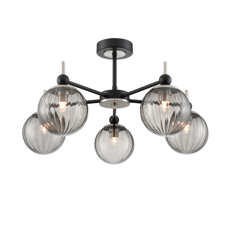 Franklite Solar 5 Light Semi-Flush Ceiling Light In Matt Black & Satin Nickel With Smoke Ribbed Glass Globes