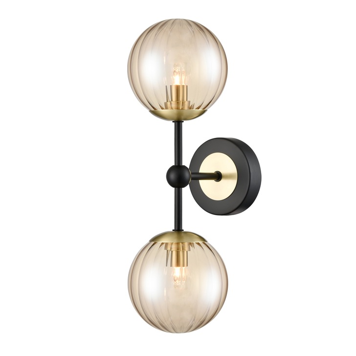 Franklite Solar Double Wall Light In Matt Black & Aged Brass With Amber Ribbed Glass Globes