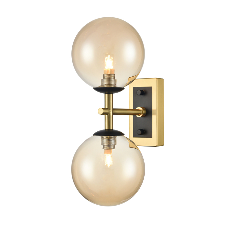Franklite Stellar Matt Black And Aged Brass 2 Light Bathroom Wall Sconce Complete With Amber Globes - IP44