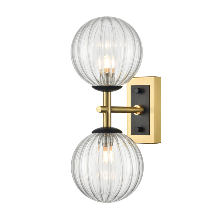 Franklite Stellar Matt Black And Aged Brass 2 Light Bathroom Wall Sconce Complete With Clear Ribbed Globes - IP44