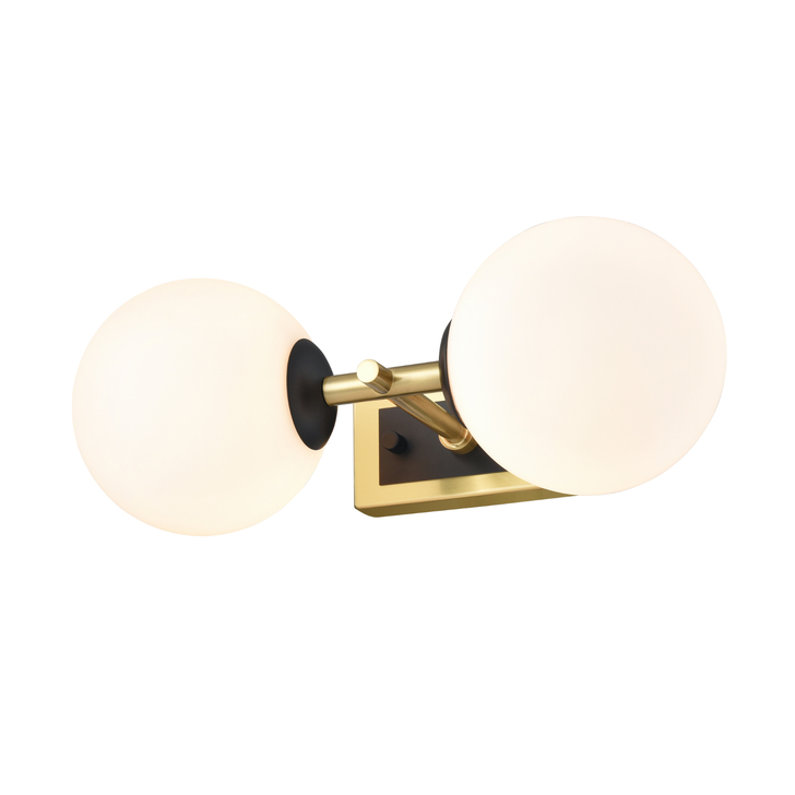 Franklite Stellar Matt Black And Aged Brass 2 Light Bathroom Wall Sconce Complete With Opal Globes - IP44