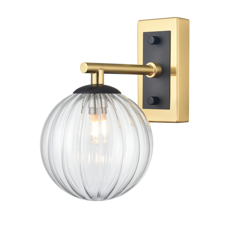 Franklite Stellar Matt Black And Aged Brass Bathroom Wall Sconce Complete With Clear Ribbed Globe - IP44