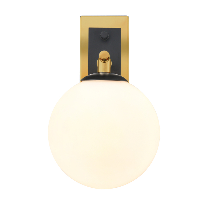Franklite Stellar Matt Black And Aged Brass Bathroom Wall Sconce Complete With Opal Globe - IP44