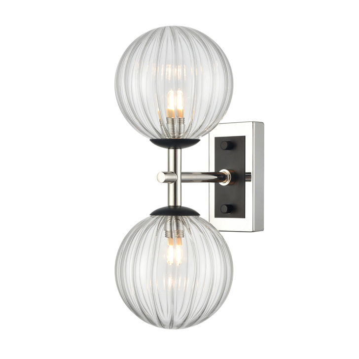 Franklite Stellar Matt Black And Polished Nickel 2 Light Bathroom Wall Sconce Complete With Clear Ribbed Globes - IP44