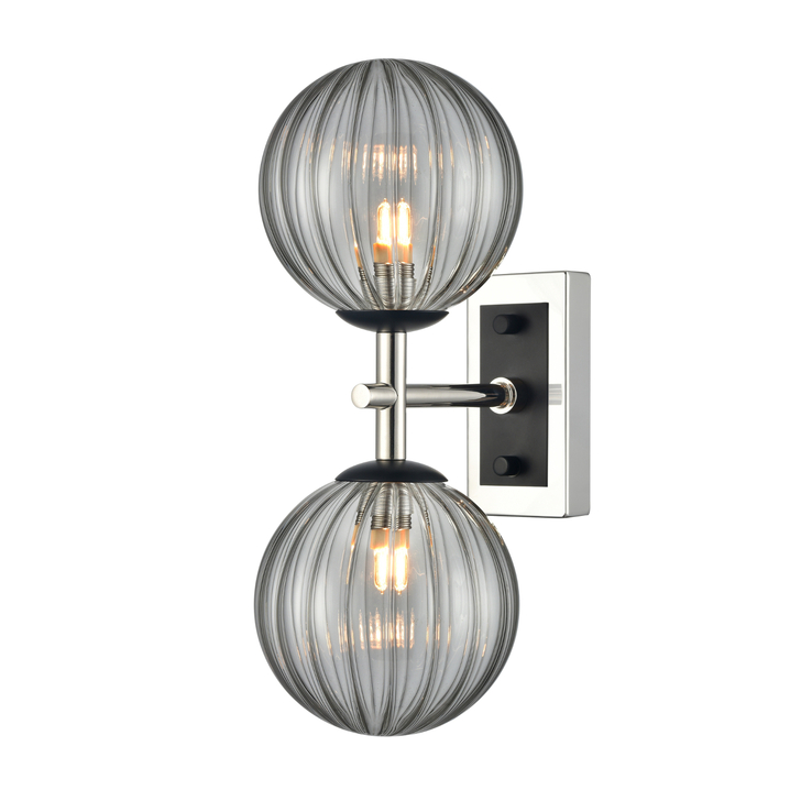 Franklite Stellar Matt Black And Polished Nickel 2 Light Bathroom Wall Sconce Complete With Smoked Ribbed Globes - IP44