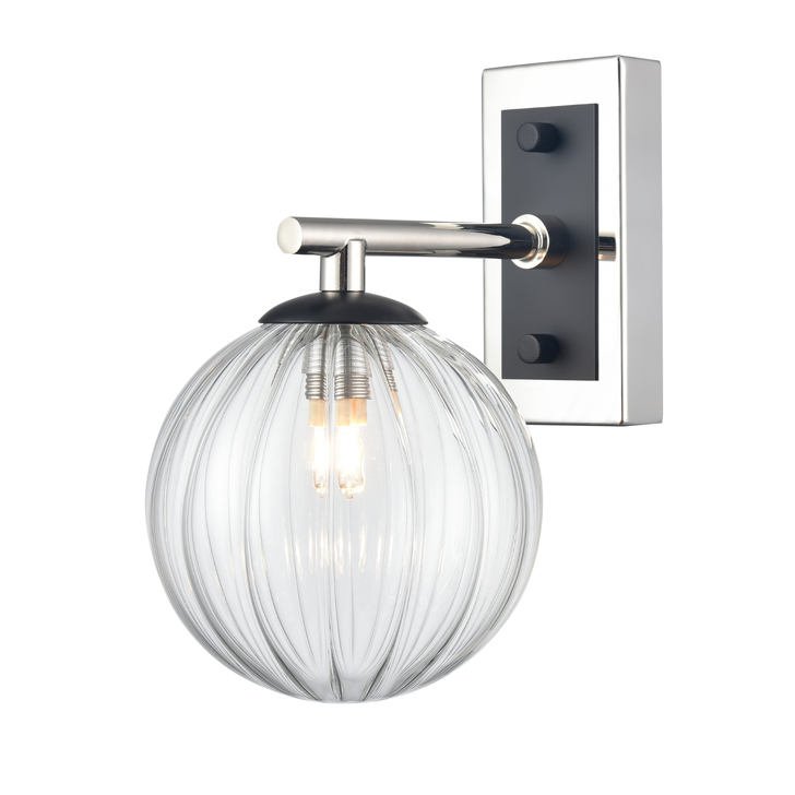 Franklite Stellar Matt Black And Polished Nickel Bathroom Wall Sconce Complete With Clear Ribbed Globe - IP44