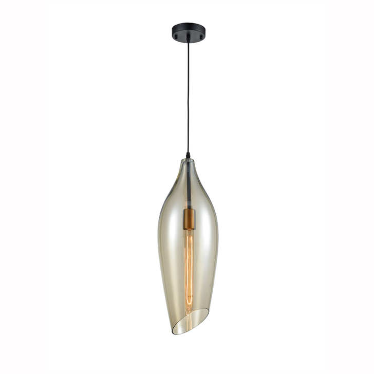 Franklite Taper Large Amber Glass Single Pendant Complete With Black Suspension