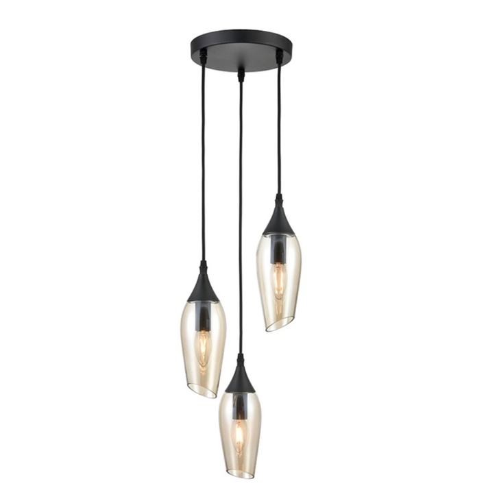 Franklite Taper Matt Black 3 Light Custer Pendant With Amber Glass