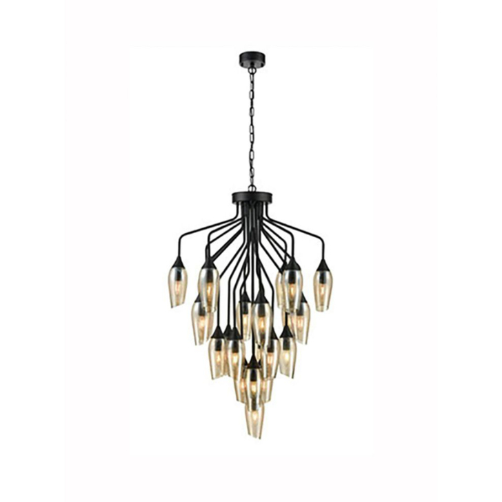Franklite Taper Matt Black Large 22 Light Pendant With Amber Glass