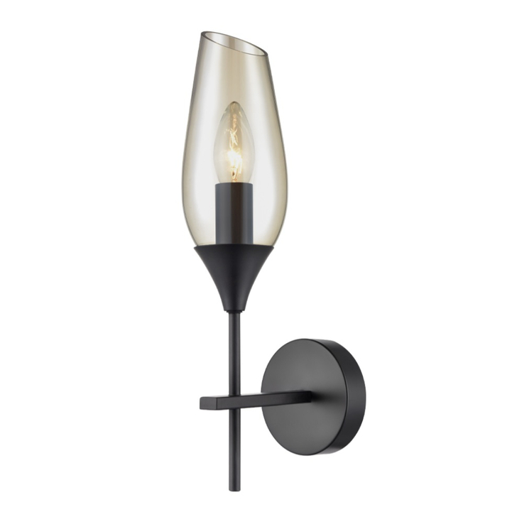 Franklite Taper Matt Black Wall Light With Amber Glass