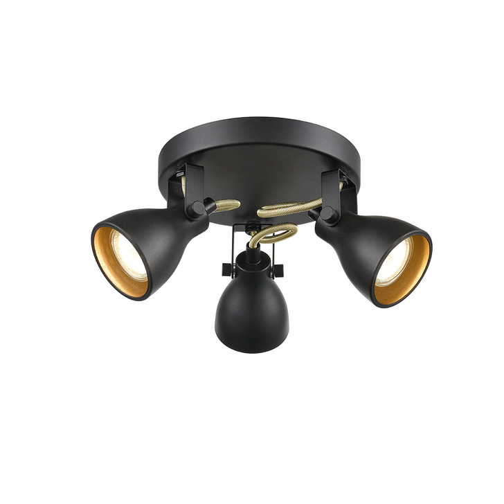 Franklite Taza Two Tone Matt Black And Gold Adjustable Round 3 Light Ceiling Spotlight - Switched