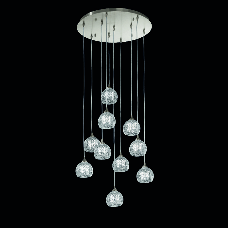 Franklite Tierney 10 Light Pendant in Satin Nickel Complete With Clear Glasses