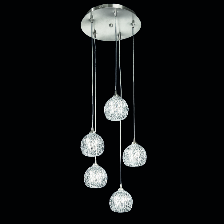 Franklite Tierney 5 Light Pendant in Satin Nickel Complete With Clear Glasses