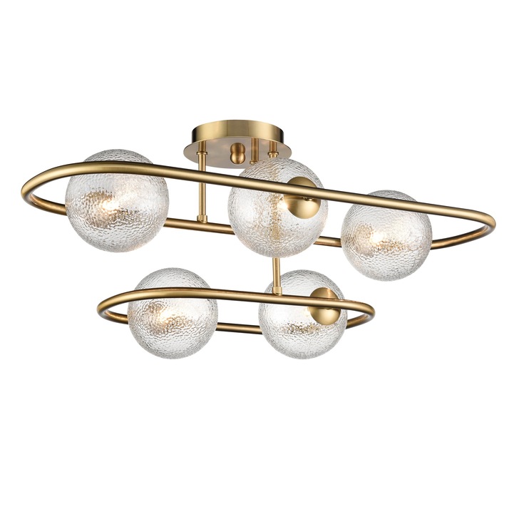 Franklite Trapeze 5 Light Semi-Flush Ceiling Light In Aged Brass With Clear Textured Glass Shades