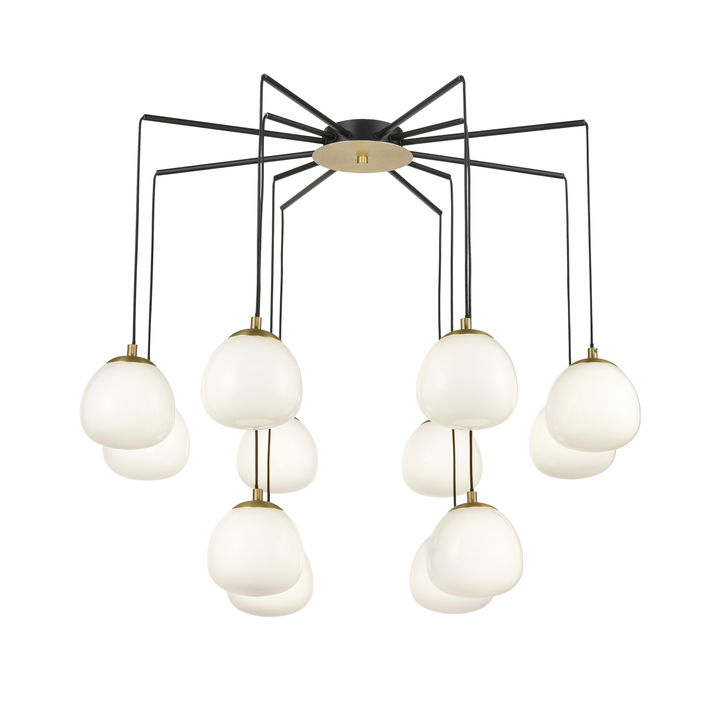 Franklite Vermeer Large Matt Black/Gold 12 Light Cluster Pendant Complete With Opal Globes