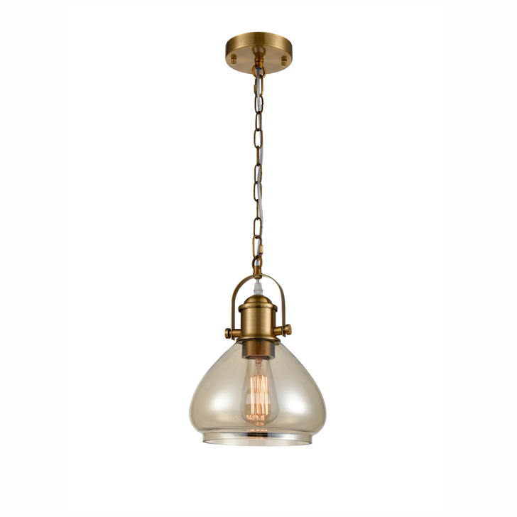 Franklite Vista Antique Gold Finish Single Pendant Complete With Amber Glass