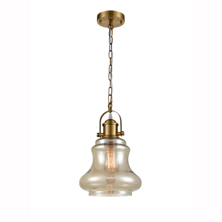 Franklite Vista Antique Gold Finish Single Pendant Complete With Amber Glass