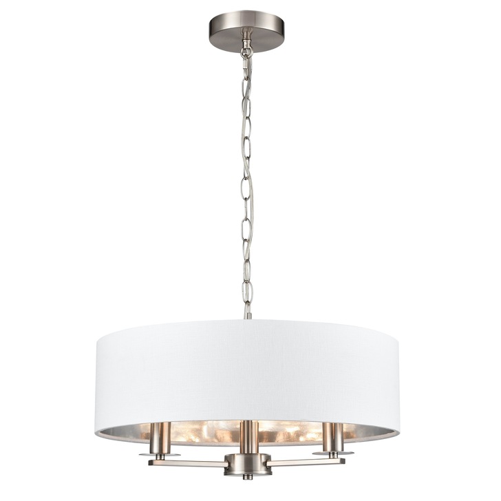 Franklite Windsor 3 Light Multi-Arm Pendant In Satin Nickel With Cream Fabric Shade & Silver Lining